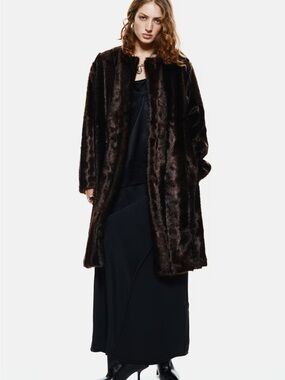 H&M Long Dark Brown Faux Fur Coat